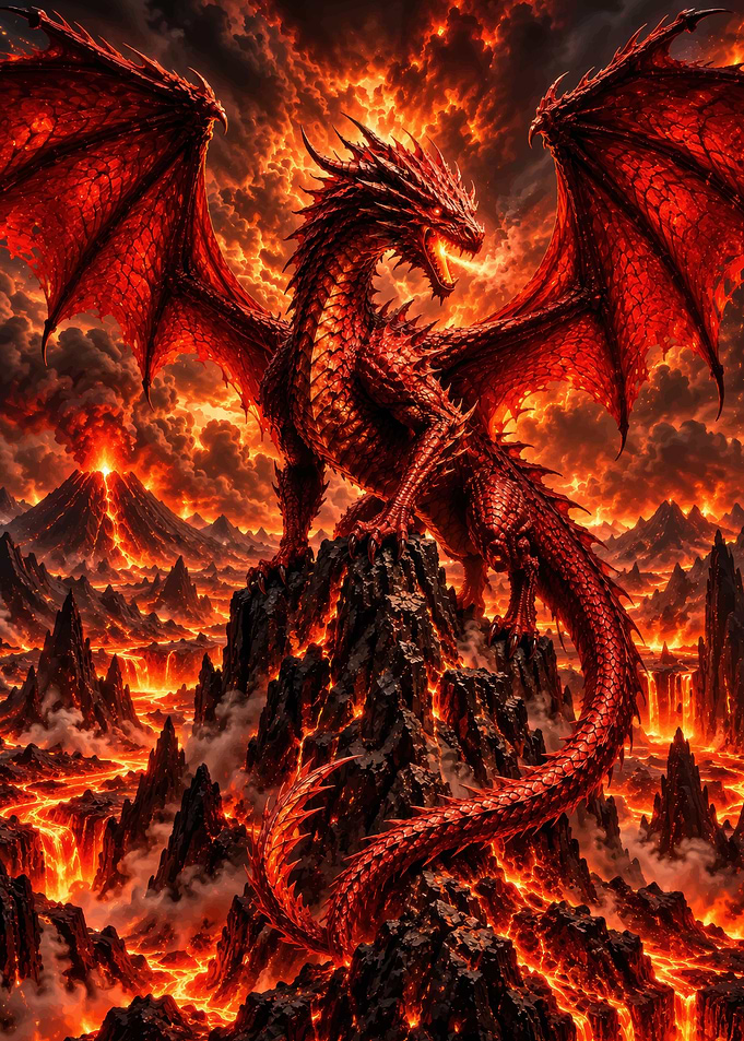 Majestic Red Dragon in Volcanic Landscape