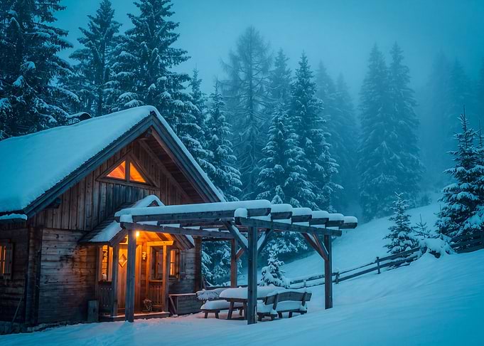 Cozy Snowy Cabin in Winter Forest