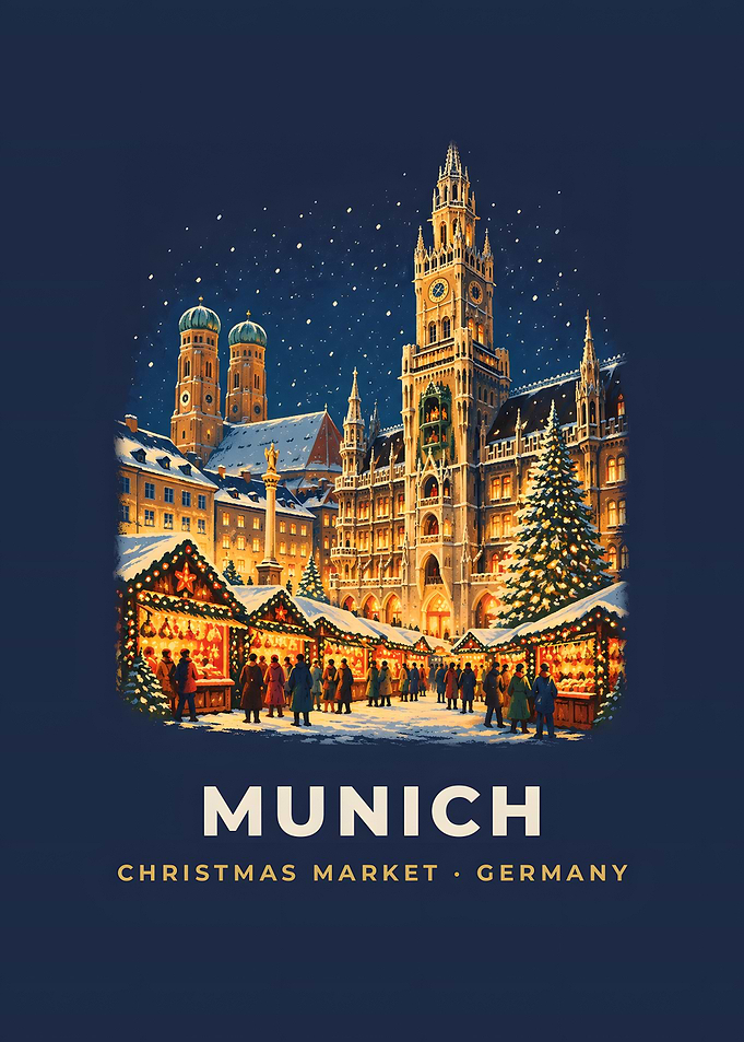 Munich Christmas Market Vintage Poster Town Hall Square