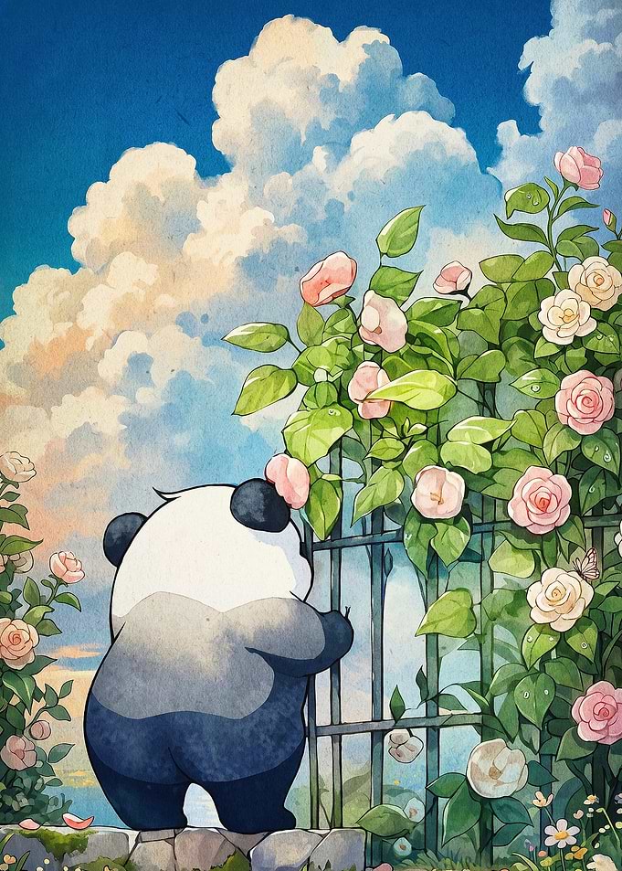 Panda Garden Roses Anime Art