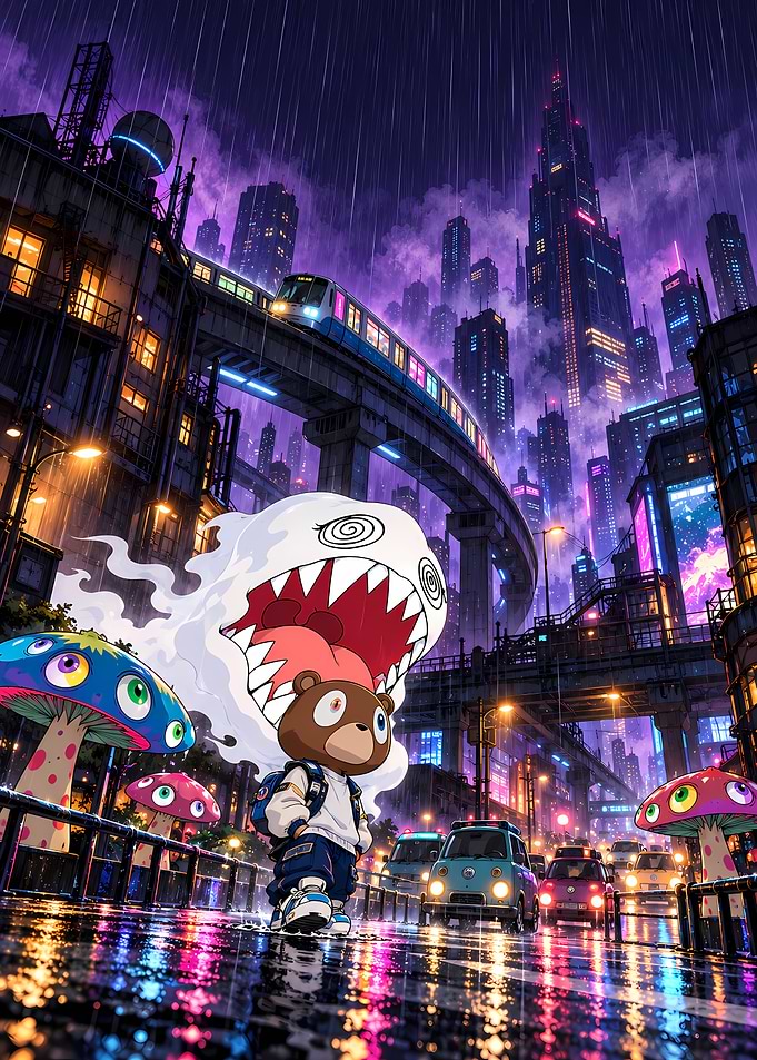 Kanye West Graduation Bear in Cyberpunk City
