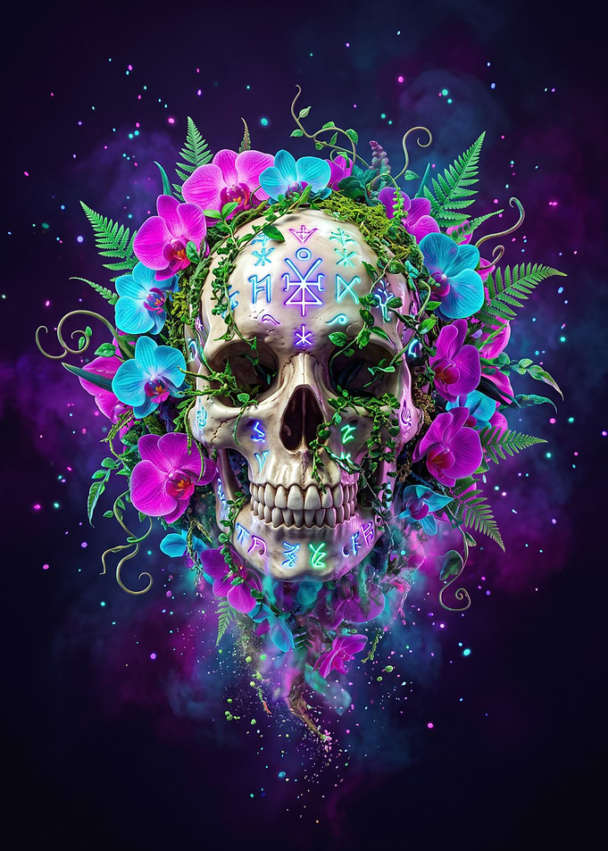 Neon Floral Skull with Glowing Runes