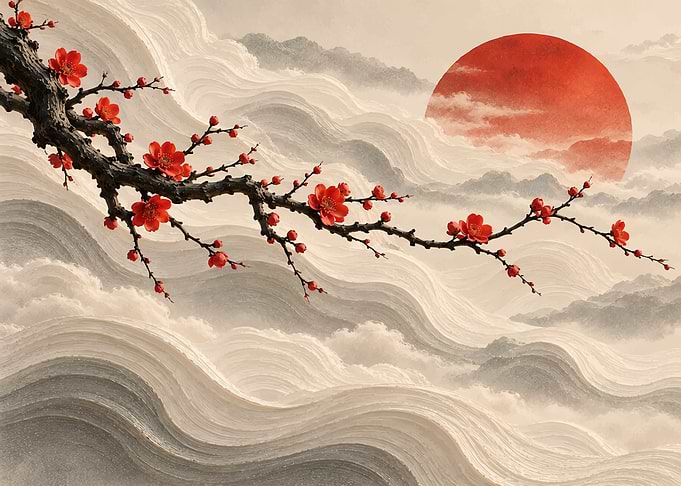 Red Plum Blossoms and Rising Sun