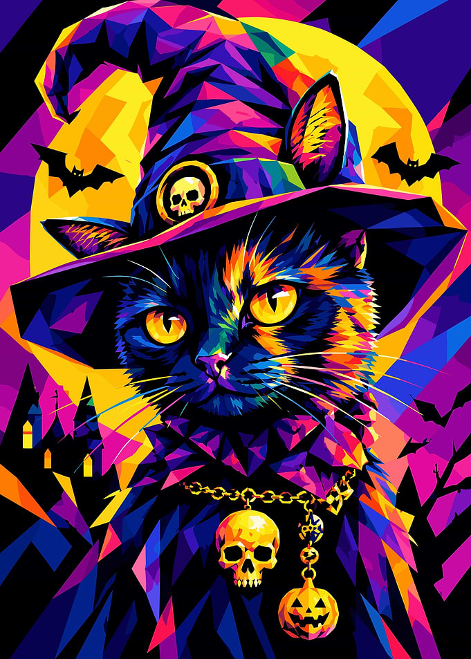Colorful Geometric Witch Cat Portrait