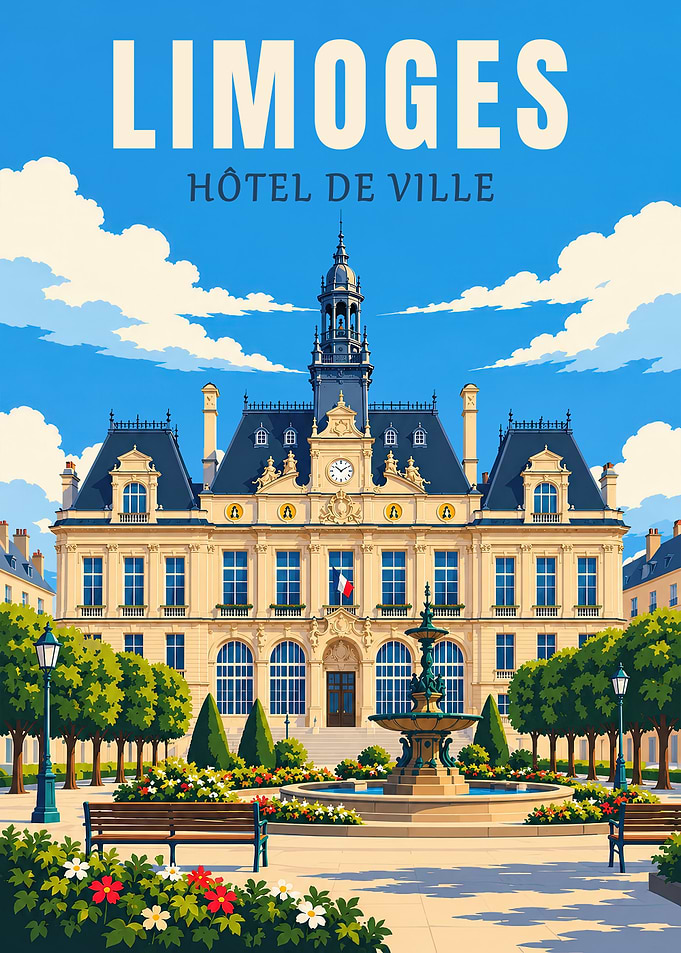 Limoges, France Travel Poster – Hôtel de Ville Wall Art