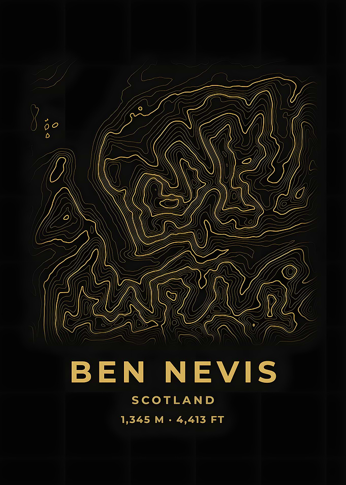 Ben Nevis Topographic Map Black Gold Poster