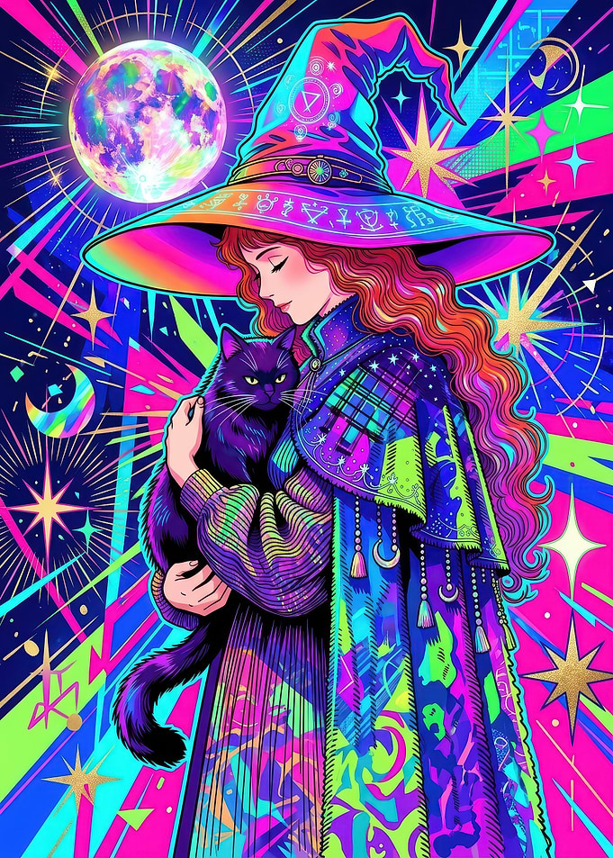 psychedelic Neon Witch Holding Black Cat poster
