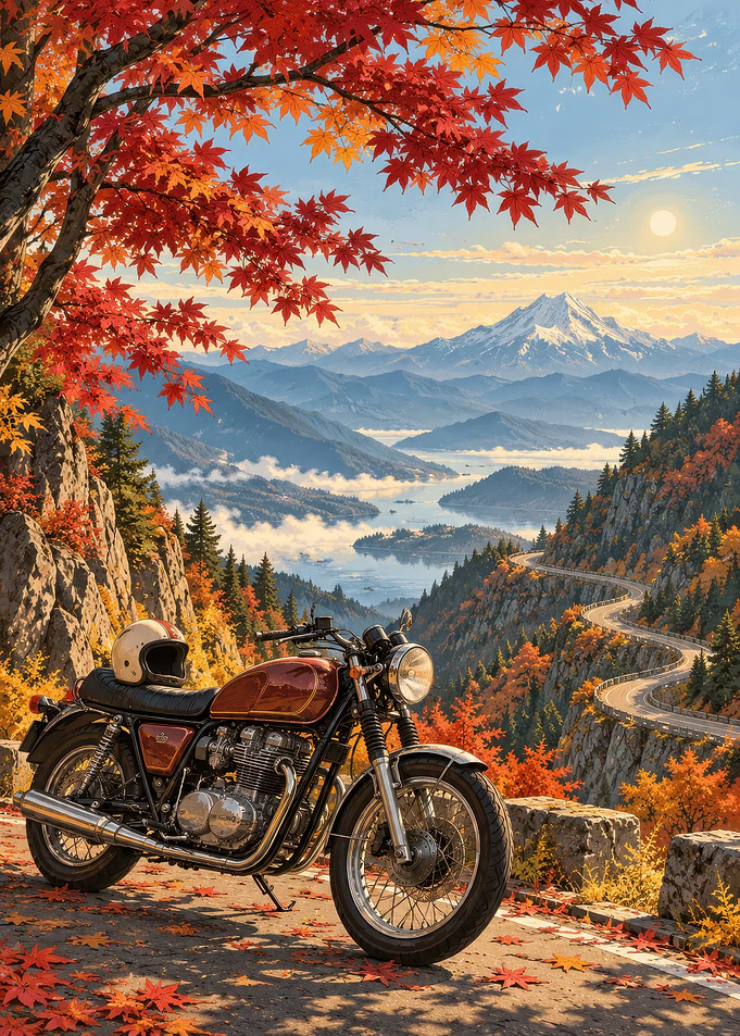 Vintage Motorcycle on Autumn Mountain Road