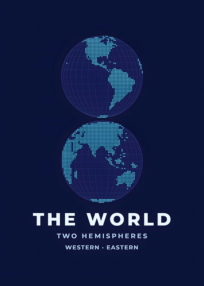 Dotted Two Hemispheres Neon Blue World Map Poster