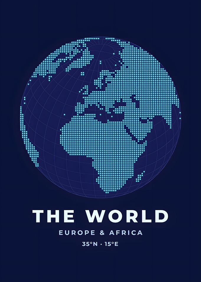 Dotted Europe Globe Neon Blue World Map Poster