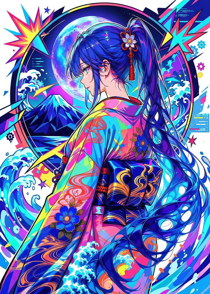 Neon Anime Girl with Mount Fuji