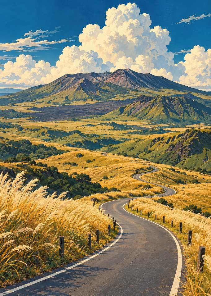 Winding Road Through Aso Mountains