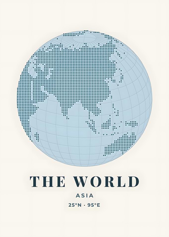 Dotted Asia Globe Coastal Blue World Map Print