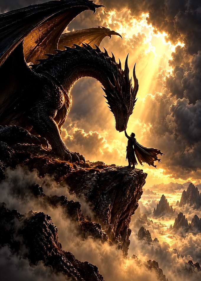 Dragon and Warrior on Mountain Peak