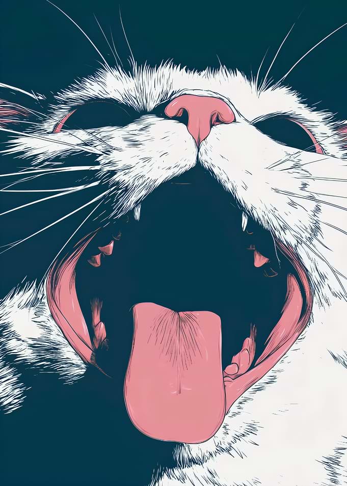 Yawning White Cat Close-up Illustration