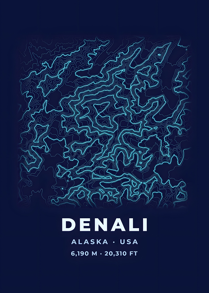 Denali Topographic Map Neon Blue Poster