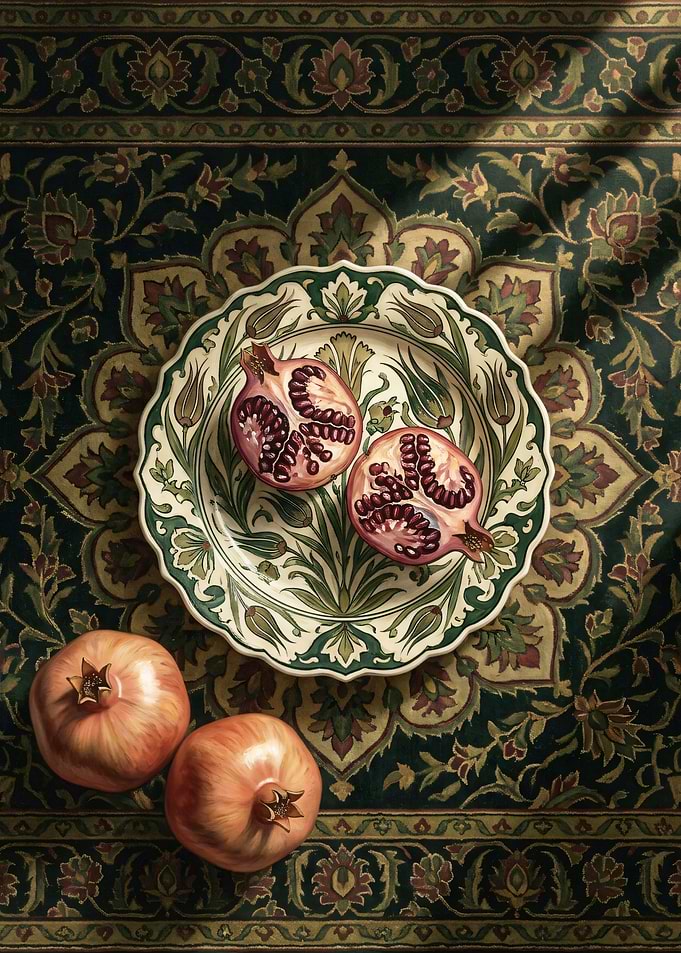 Pomegranates on Ornate Floral Plate