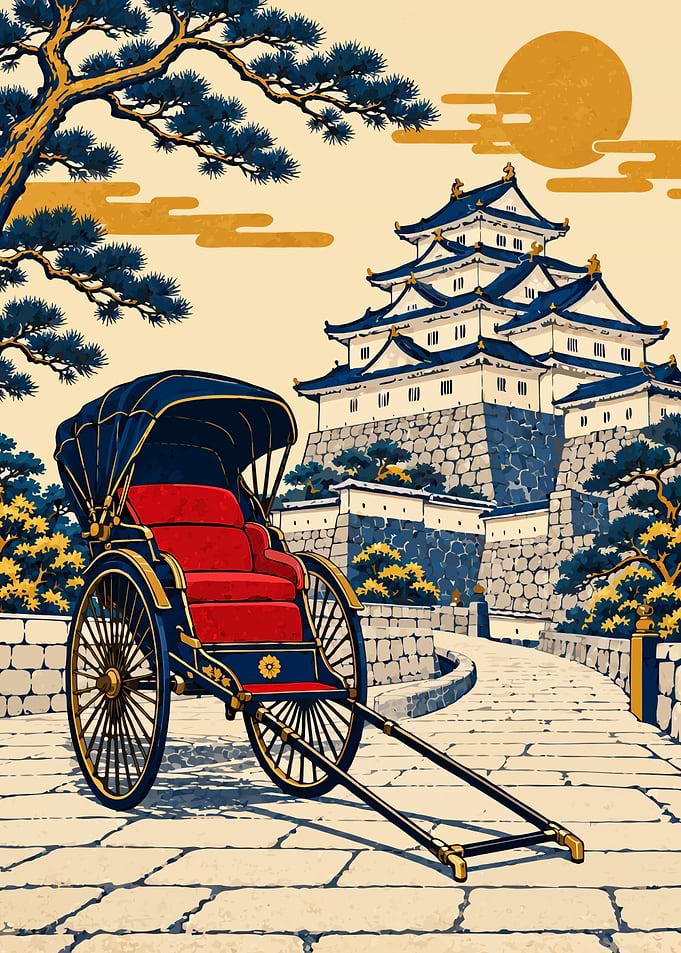 Traditional Japanese Rickshaw and Castle
