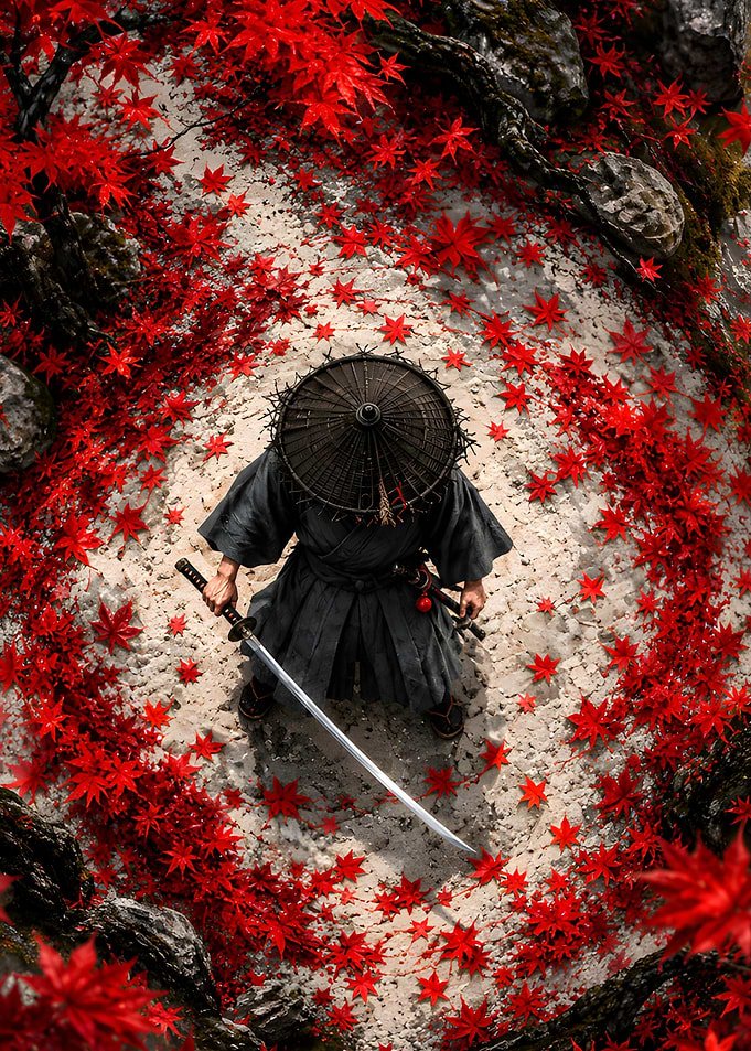 Samurai Standing Amidst Red Maple Leaves