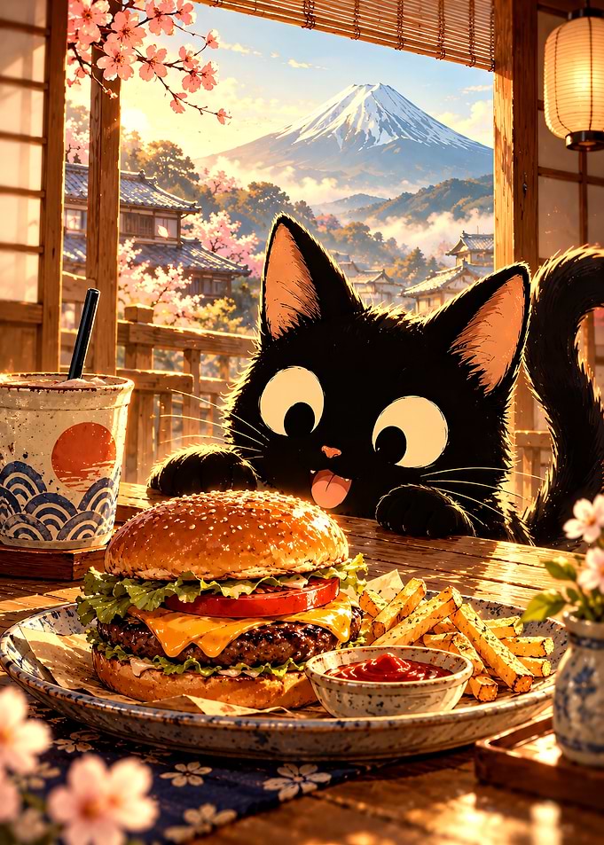 Cute Black Cat Eating a Burger Mount Fuji