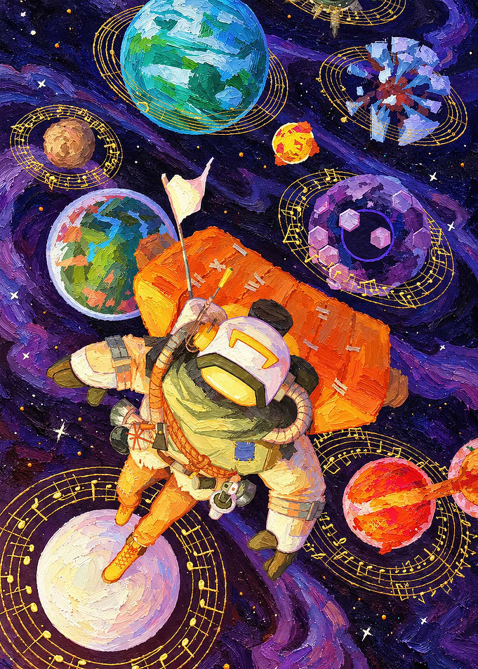 Astronaut Floating Among Musical Planets