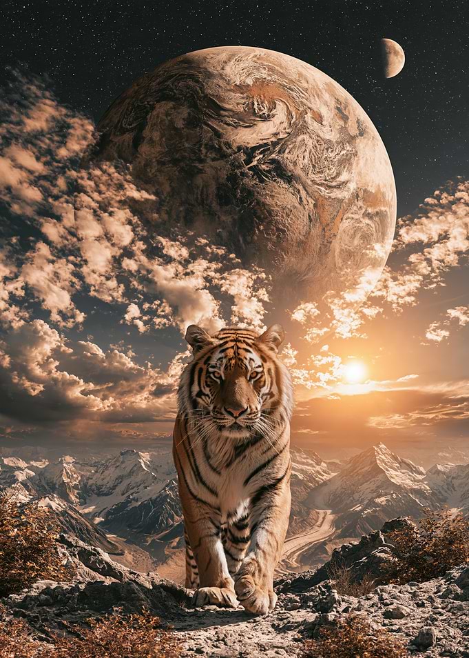 Majestic Tiger in Cosmic Mountain Landscape