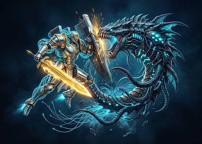Cybernetic Knight Battling Alien Serpent