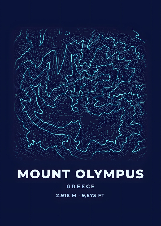 Mount Olympus Topographic Map Neon Blue Poster