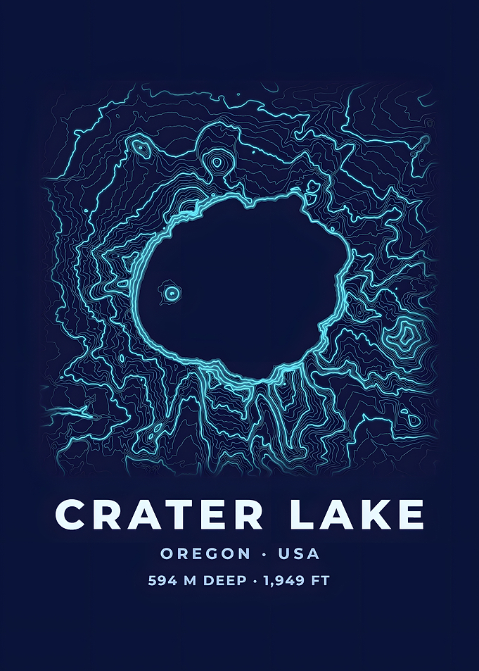 Crater Lake Topographic Map Neon Blue Poster