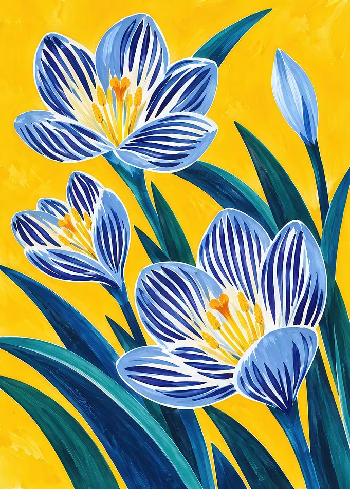 Vibrant Blue Crocus Flowers Illustration