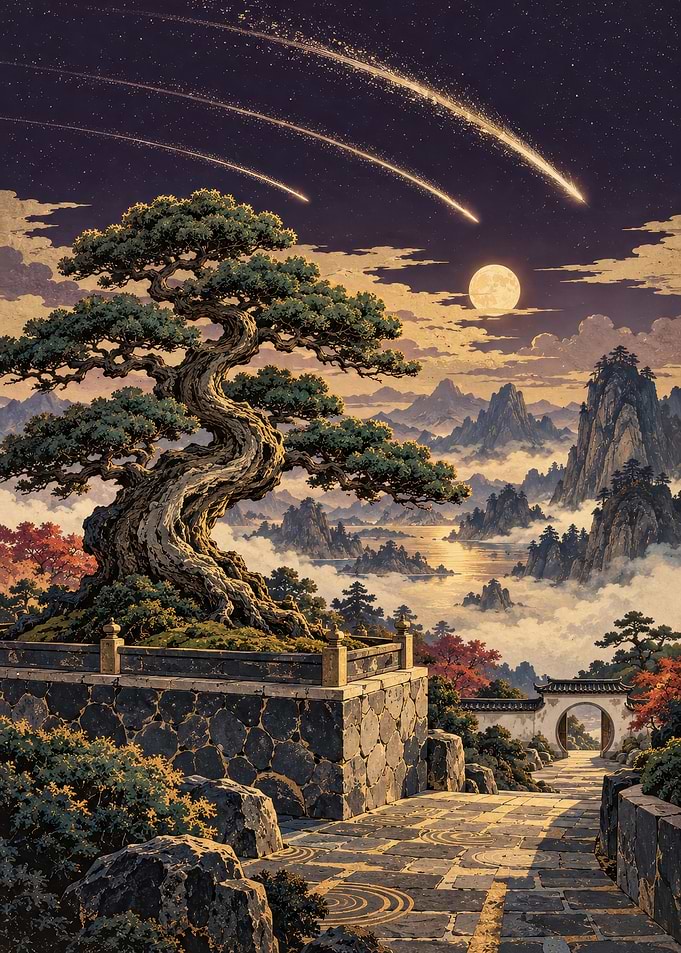 Bonsai Tree Under Starry Night Sky