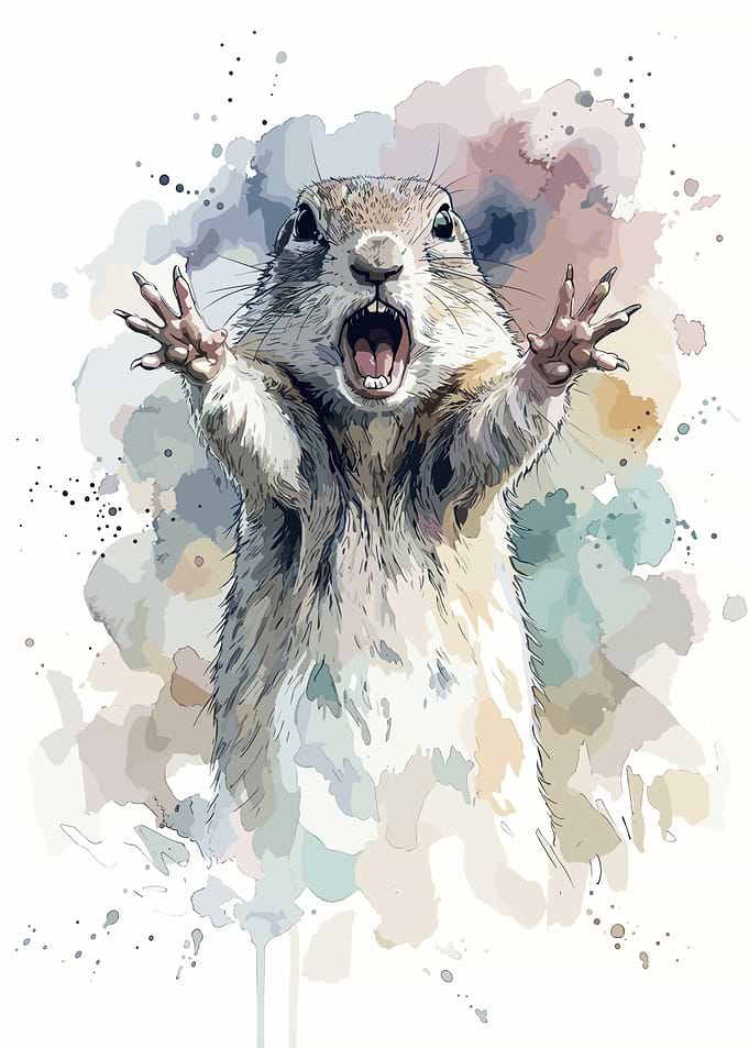 Watercolor Illustration of a Screaming Groundhog