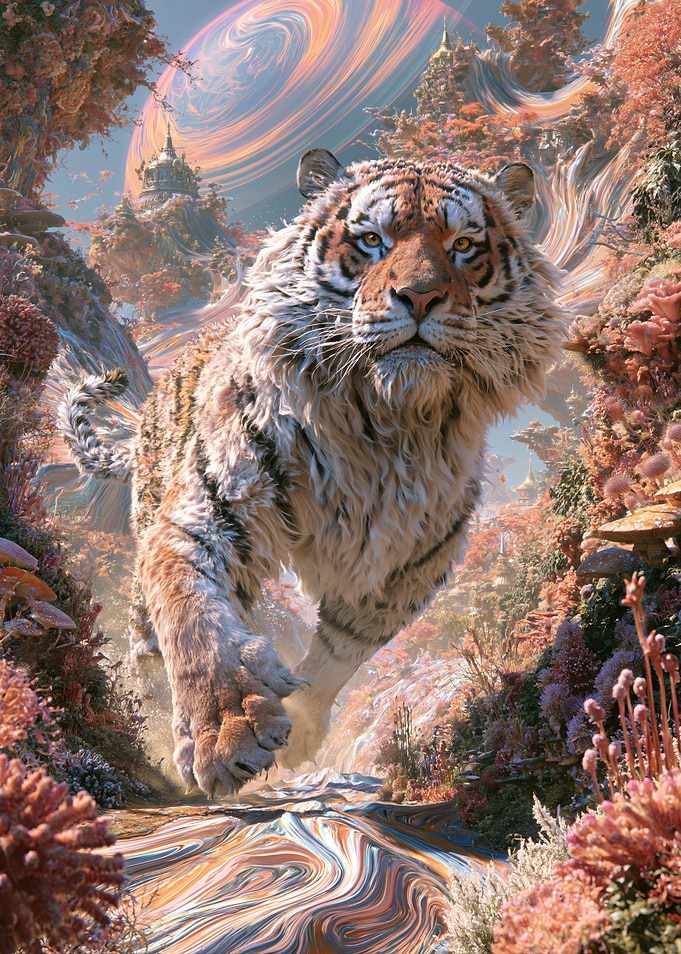 Majestic Tiger in Surreal Fantasy Landscape
