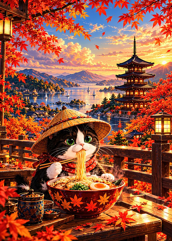 Cute Cat Eating Ramen in Japan