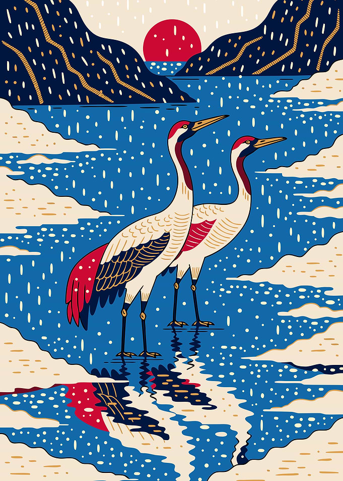 Japanese Cranes Ukiyo-e Metal Poster, No Text