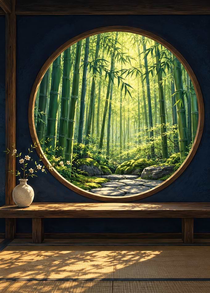 Zen Bamboo Garden Circular Window View