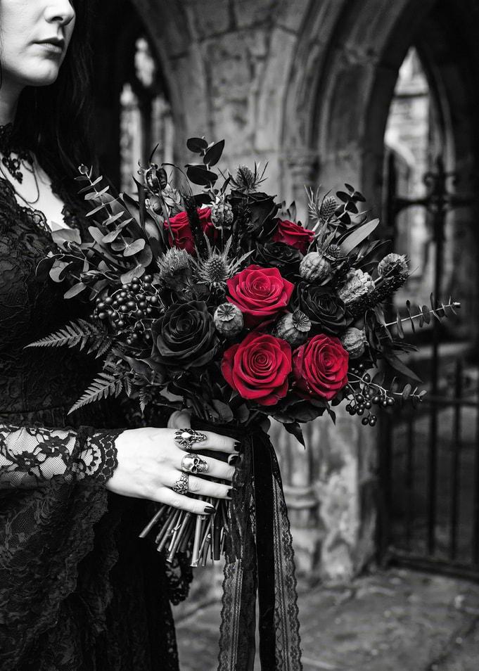 Gothic Bride Holding Red Rose Bouquet