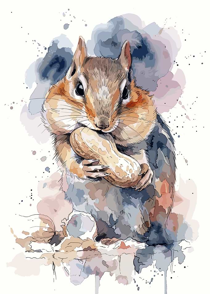 Watercolor Chipmunk Holding a Peanut