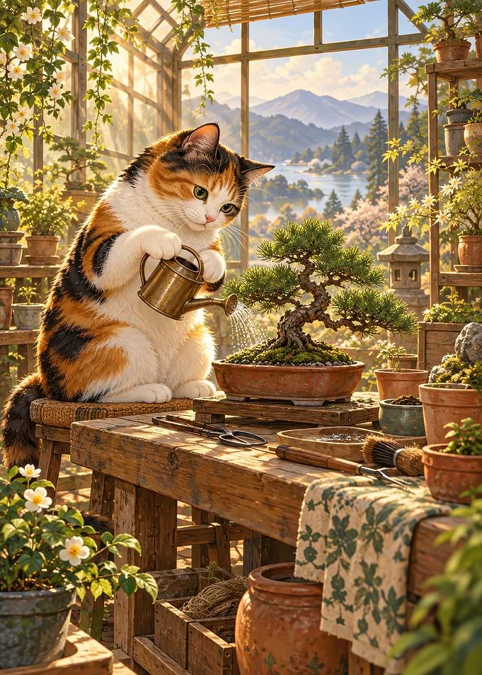 Calico Cat Watering Bonsai Tree