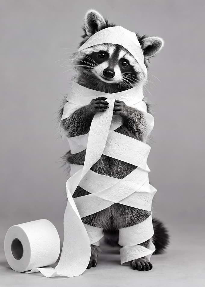 Cute Raccoon Wrapped in Toilet Paper