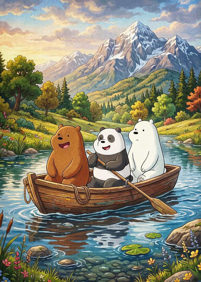 Bears Boating Mountain Nature Art