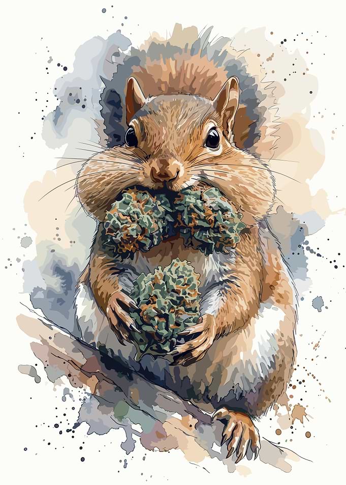 Watercolor Squirrel Holding Cannabis Buds
