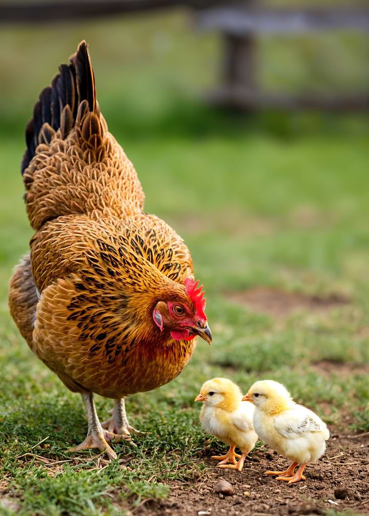 Hen with Two Fluffy Chicks