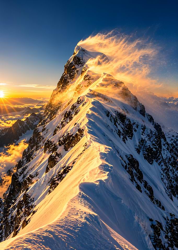 Golden Sunrise Over Snowy Mountain Peak