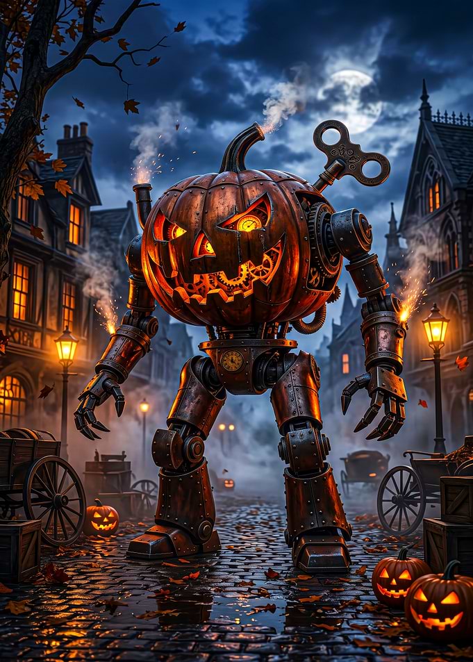 Steampunk Pumpkin Robot in Haunted Town