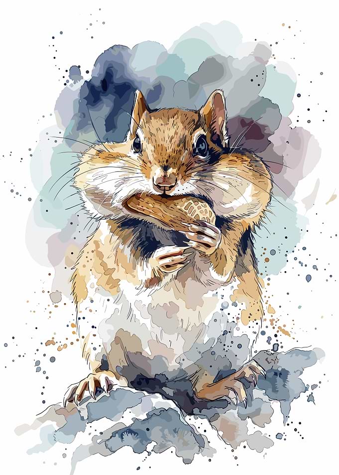Watercolor Chipmunk Holding a Peanut