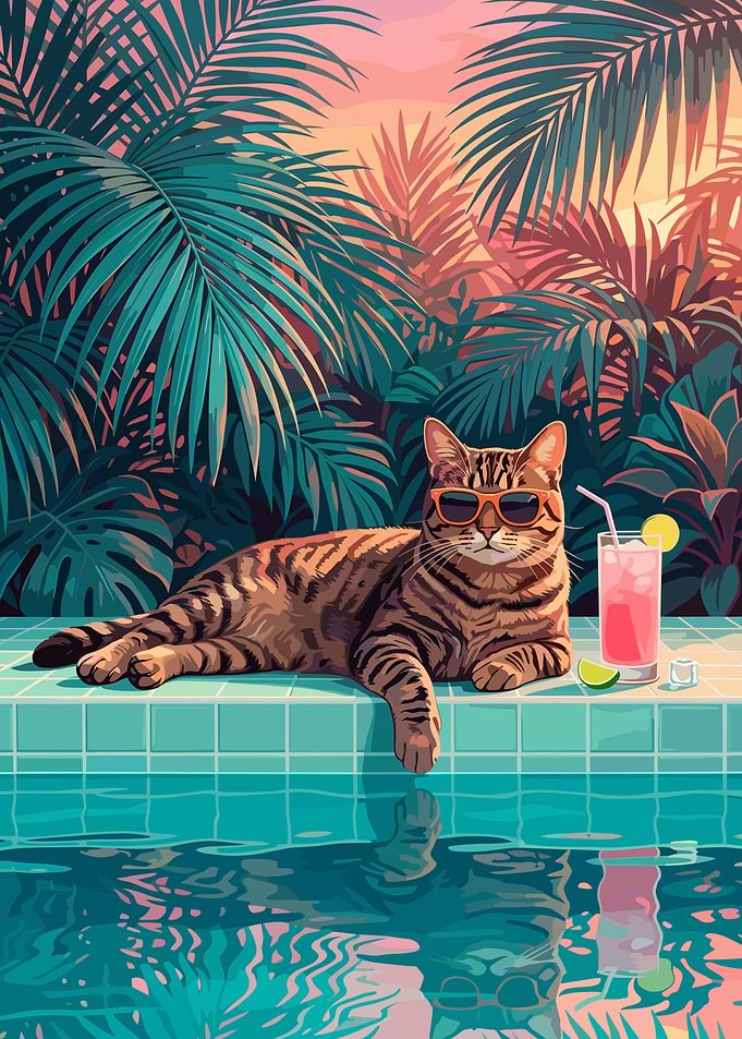 Cool Cat Relaxing by the Pool
