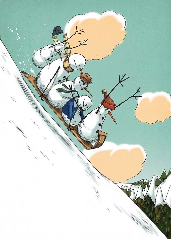 Snowmen sledding down a snowy hill