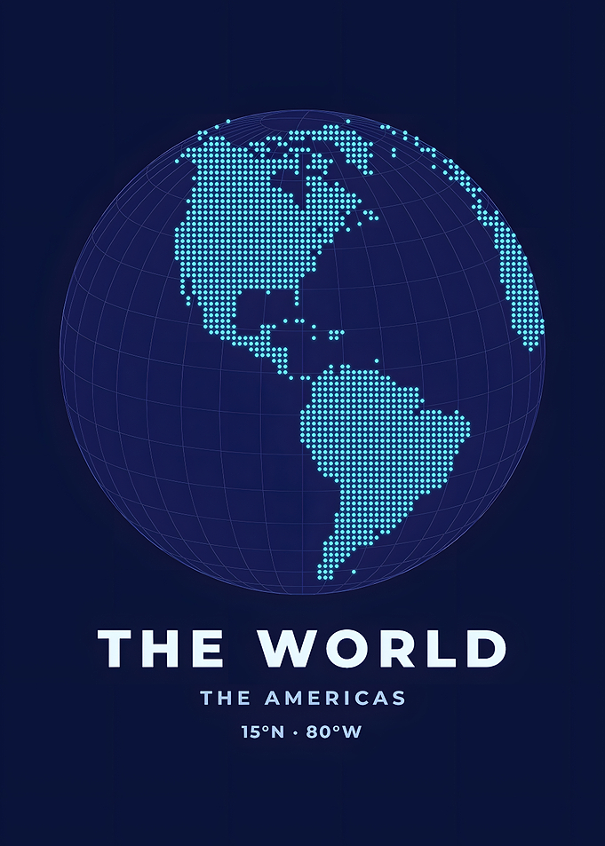 Dotted Americas Globe Neon Blue World Map Poster