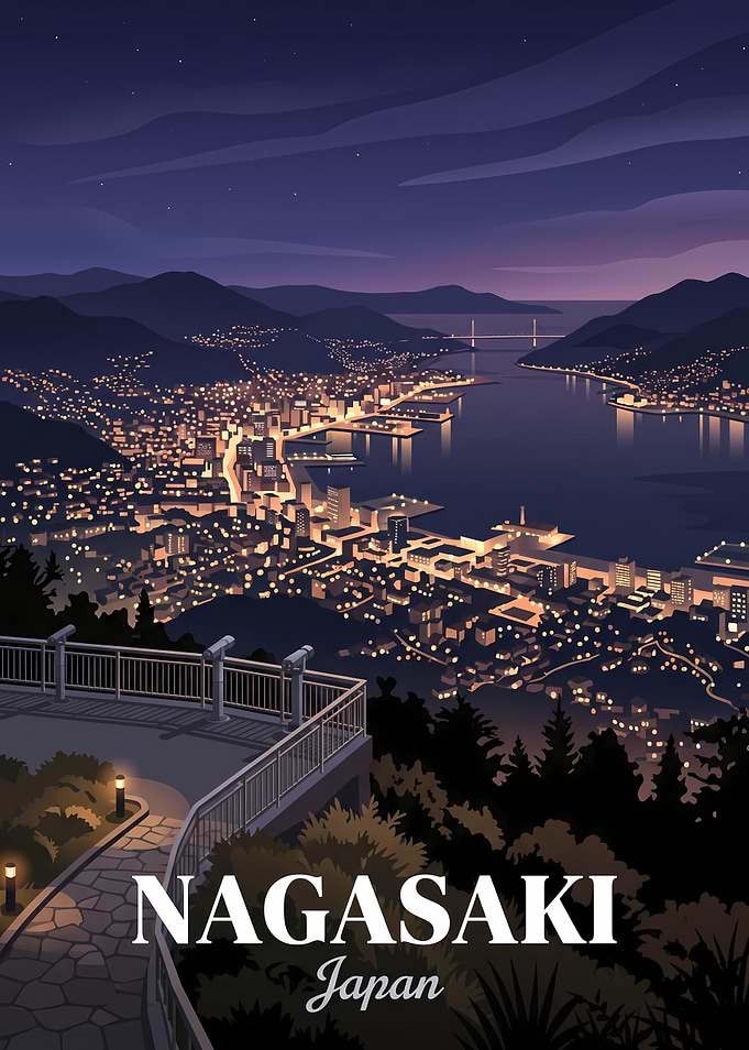 Nagasaki Japan Night Cityscape Poster